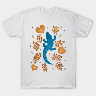 Blue crocodile and brown leaves T-Shirt